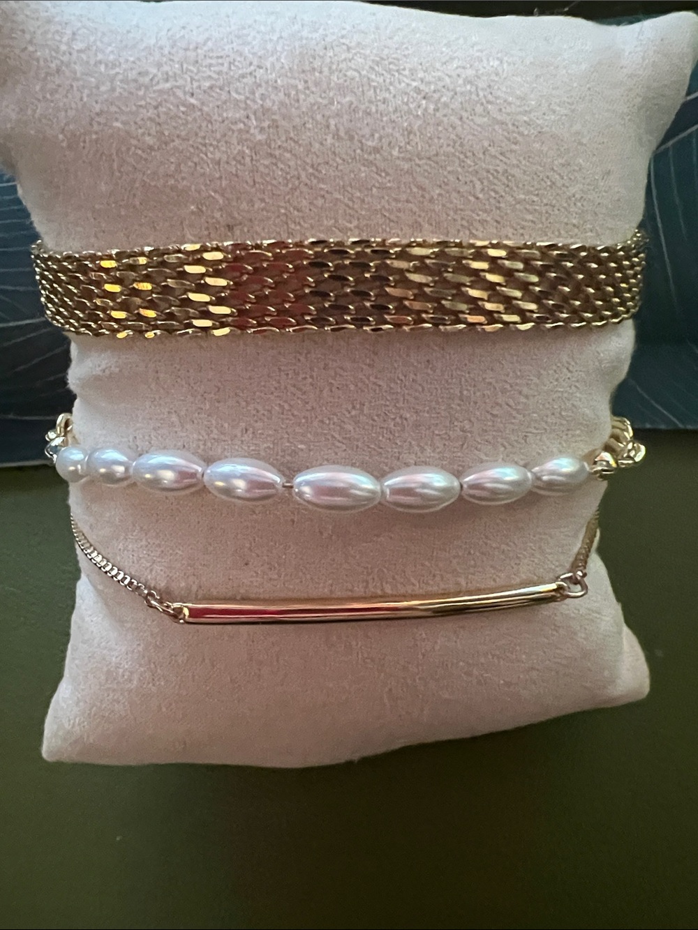 Gold & Pearl Bracelet Stack Set of 3 — Mesh Cuff + Pearl Bead + Gold Bar Dainty